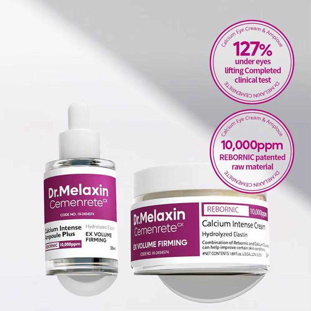 Calcium Intense Ampoule Firming Cream in a white jar with magenta label, shown beside a matching dropper ampoule