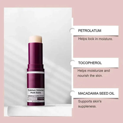 Calcium Volume Multi Balm cream stick in a burgundy tube with a white moisturizing balm tip and label