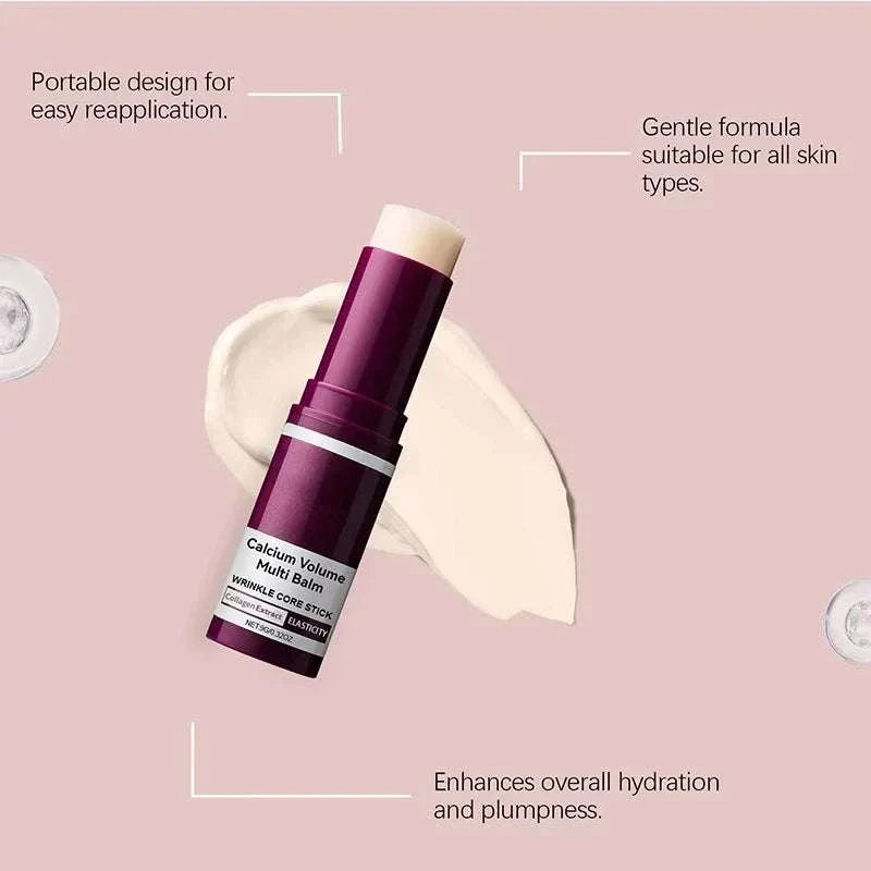 Calcium Volume Multi Balm cream stick in a burgundy tube with white balm exposed and moisturizing label