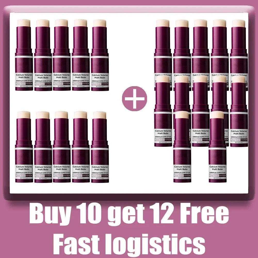 Calcium Volume Multi Balm cream sticks in burgundy tubes with white caps, shown in a buy 10 get 12 free display