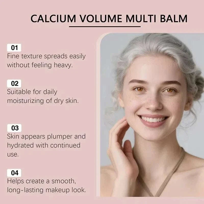 Calcium Volume Multi Balm skincare product graphic with a smiling woman and moisturizing benefits for dry skin
