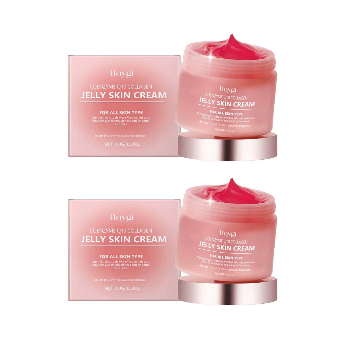 Collagen Jelly Cream in a pink gel jar beside matching boxes, with shiny transparent jelly texture and metallic rose-gold base