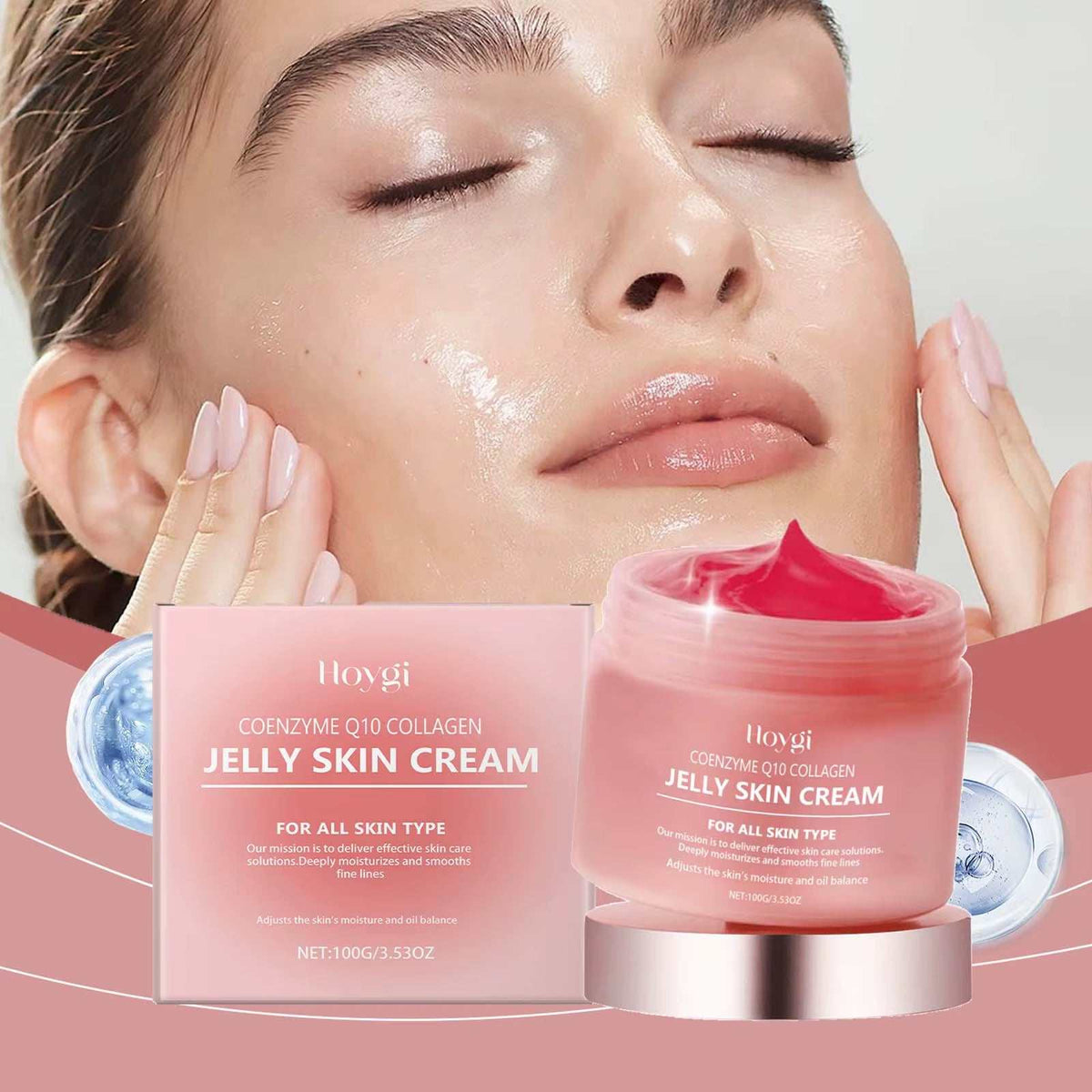 Collagen Jelly Cream in a pink jar and matching box, with a glossy red jelly texture and silver-toned lid