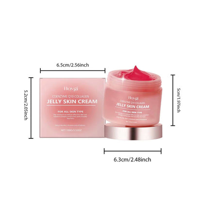 Collagen Jelly Cream in a pink cosmetic jar with a silver base, shown with matching pink box and jelly cream peak