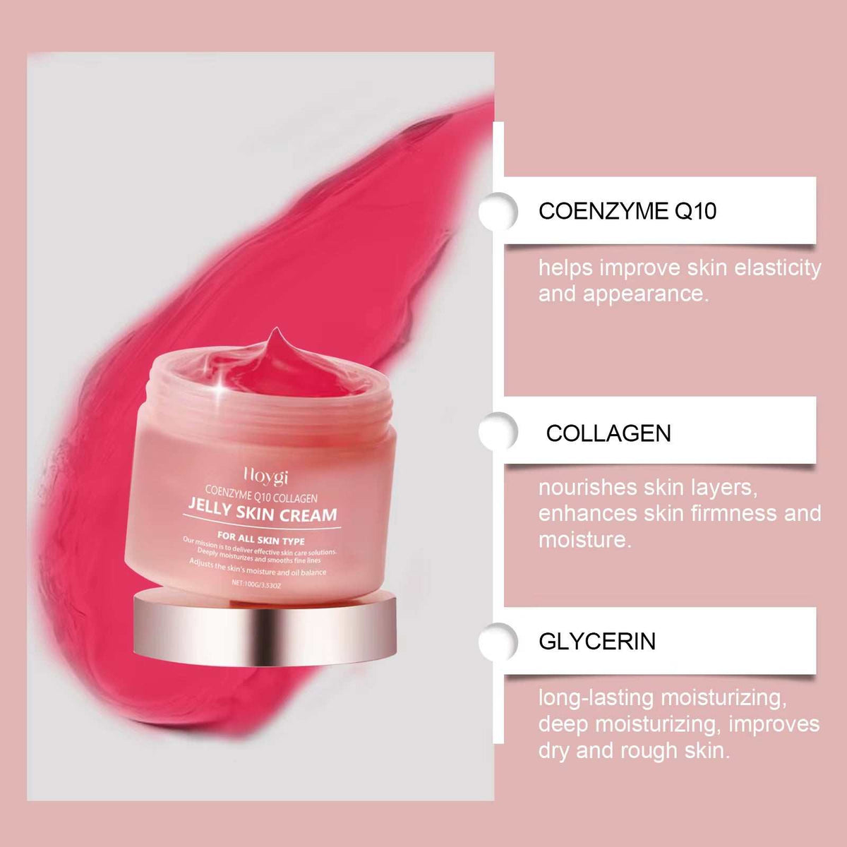 Collagen Jelly Cream in a pink open jar, shown with a vivid pink jelly texture and ingredient benefit labels