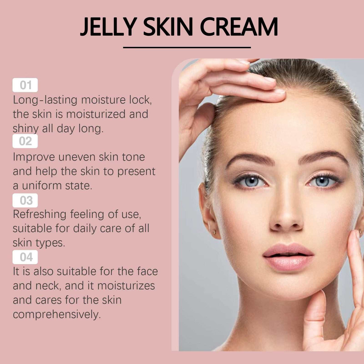 Collagen Jelly Cream skincare product graphic with pink layout, black headline and numbered claims beside a woman&