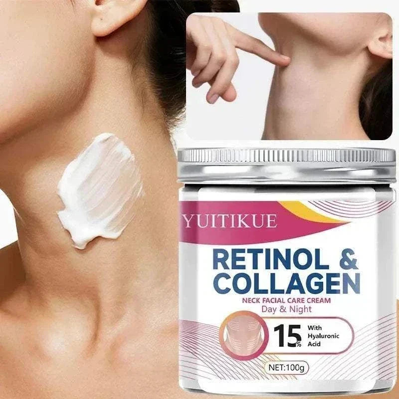 Collagen Neck Cream in a silver jar, with white cream swiped on a neck and a retinol and collagen label