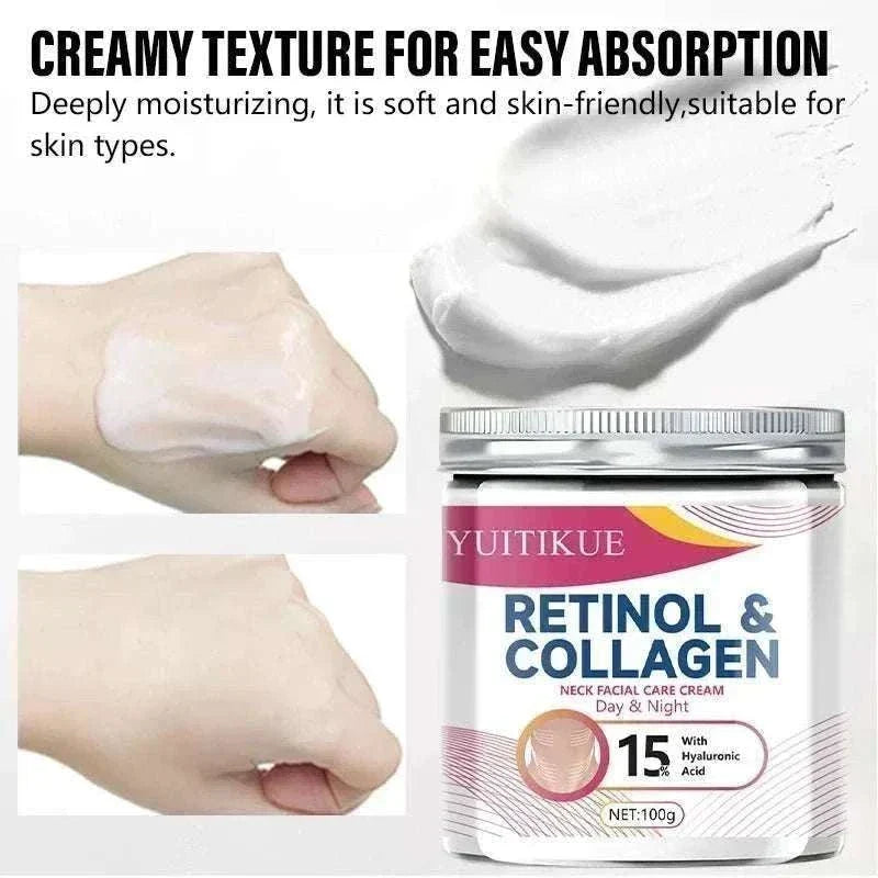 Collagen Neck Cream in a white jar with a silver lid and pink-yellow label, shown with a creamy white texture