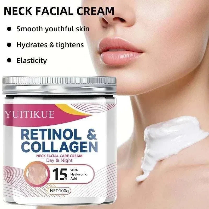 Collagen Neck Cream in a white jar with silver lid, magenta accents, and retinol and collagen label beside a creamy swatch