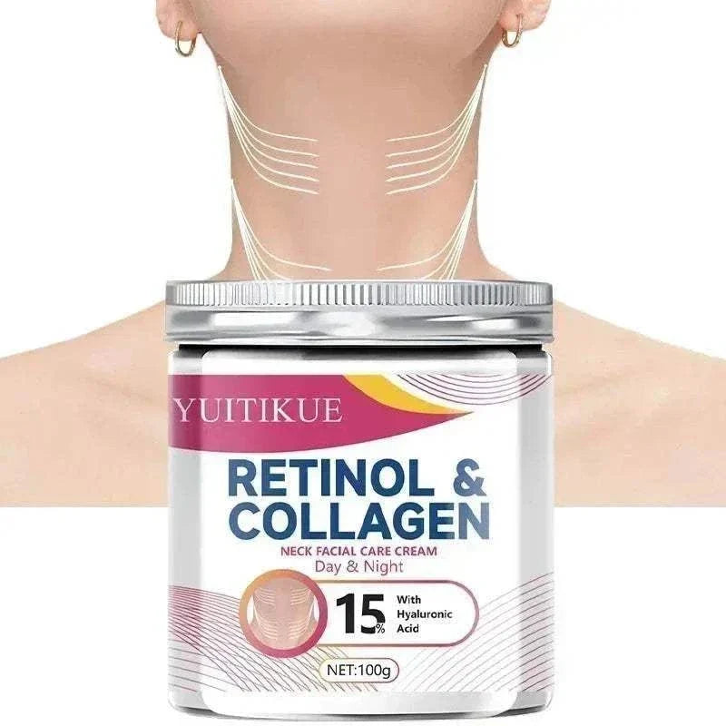 Collagen Neck Cream in a white jar with a silver lid, labeled retinol and collagen with pink and yellow accents