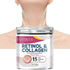 Collagen Neck Cream in a white jar with a silver lid, labeled retinol and collagen with pink and yellow accents
