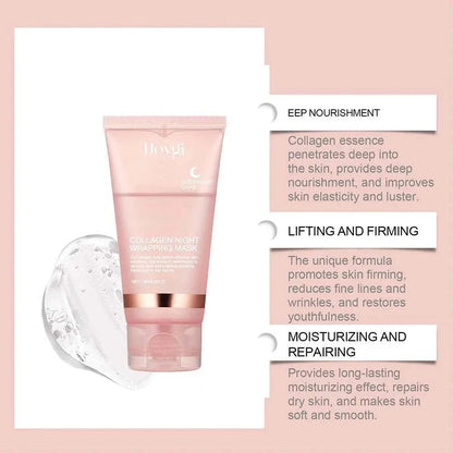 Collagen Overnight Facial Mask in a pink tube with white text, featuring skincare benefits and a clear gel texture swatch