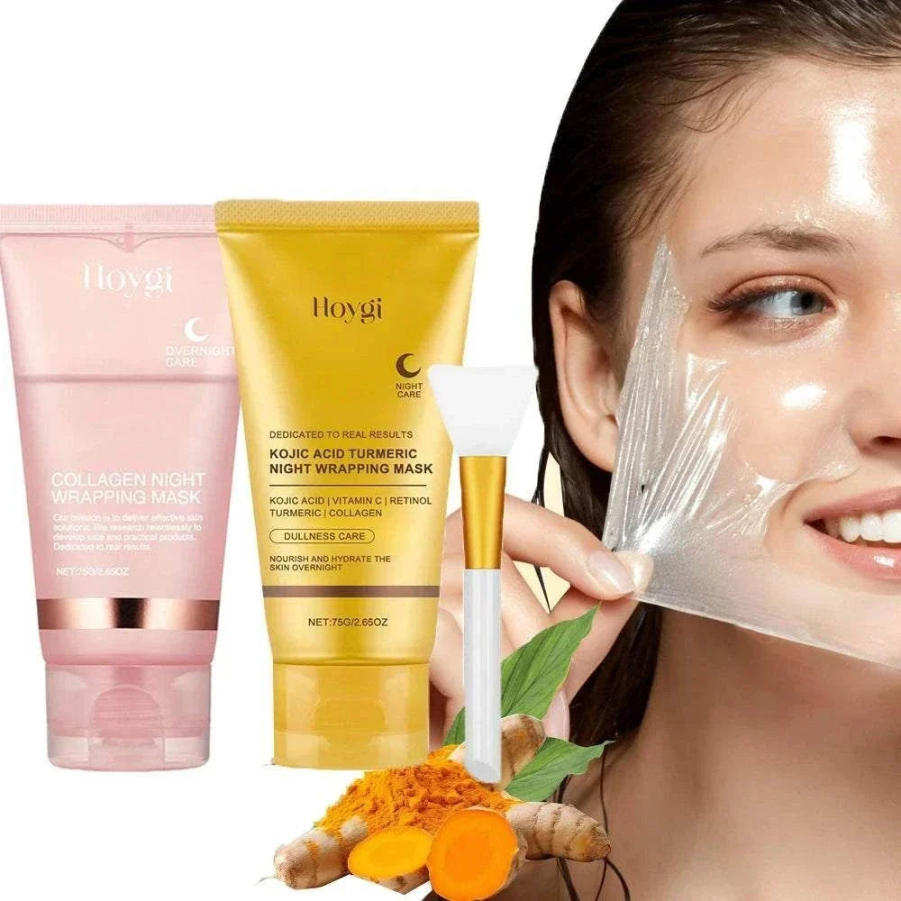 Collagen Overnight Facial Mask set with pink and yellow tubes, white applicator brush, turmeric root, and a woman peeling off clear facial mask