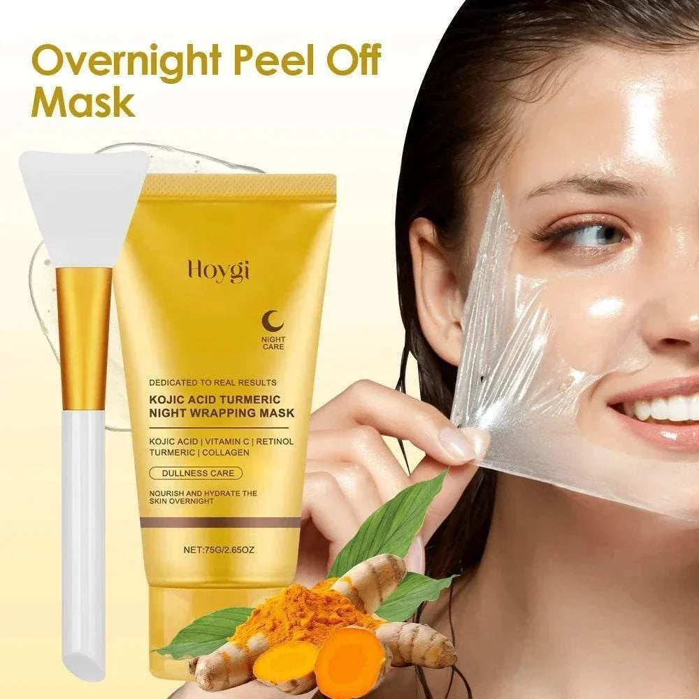 Collagen Overnight Facial Mask in yellow tube with peel-off transparent facial mask being removed from a smiling woman&