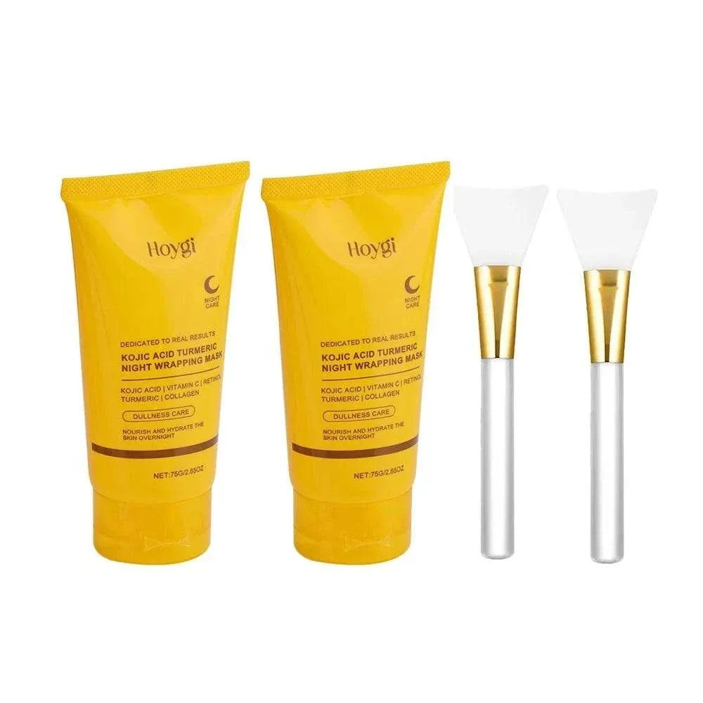 Collagen Overnight Facial Mask set with two yellow tubes featuring turmeric branding and two white silicone applicator brushes with gold handles
