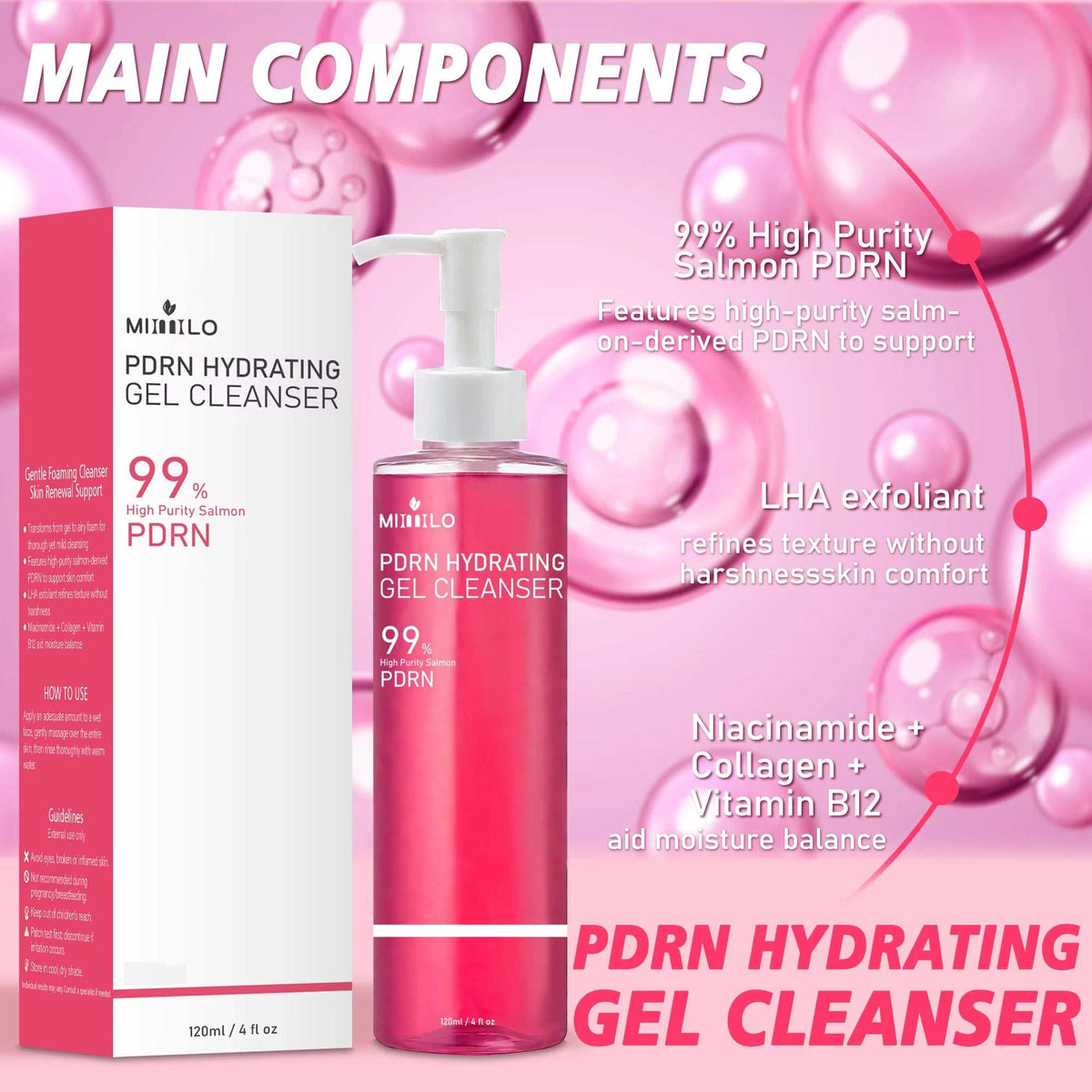 DNA PDRN Salmon Pink Foam Cleansing Gel in a clear pink pump bottle beside a white and pink box, with ingredient callouts