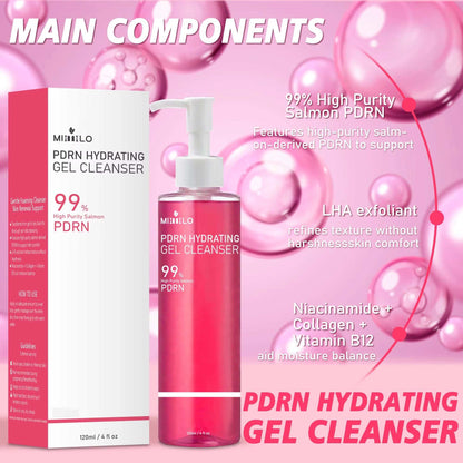DNA PDRN Salmon Pink Foam Cleansing Gel in a clear pink pump bottle beside a white and pink box, with ingredient callouts