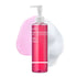 Facial cleansing gel in a pink pump bottle with a clear cap, shown beside pink gel and white foam; DNA PDRN Salmon Pink Foam Cleansing Gel