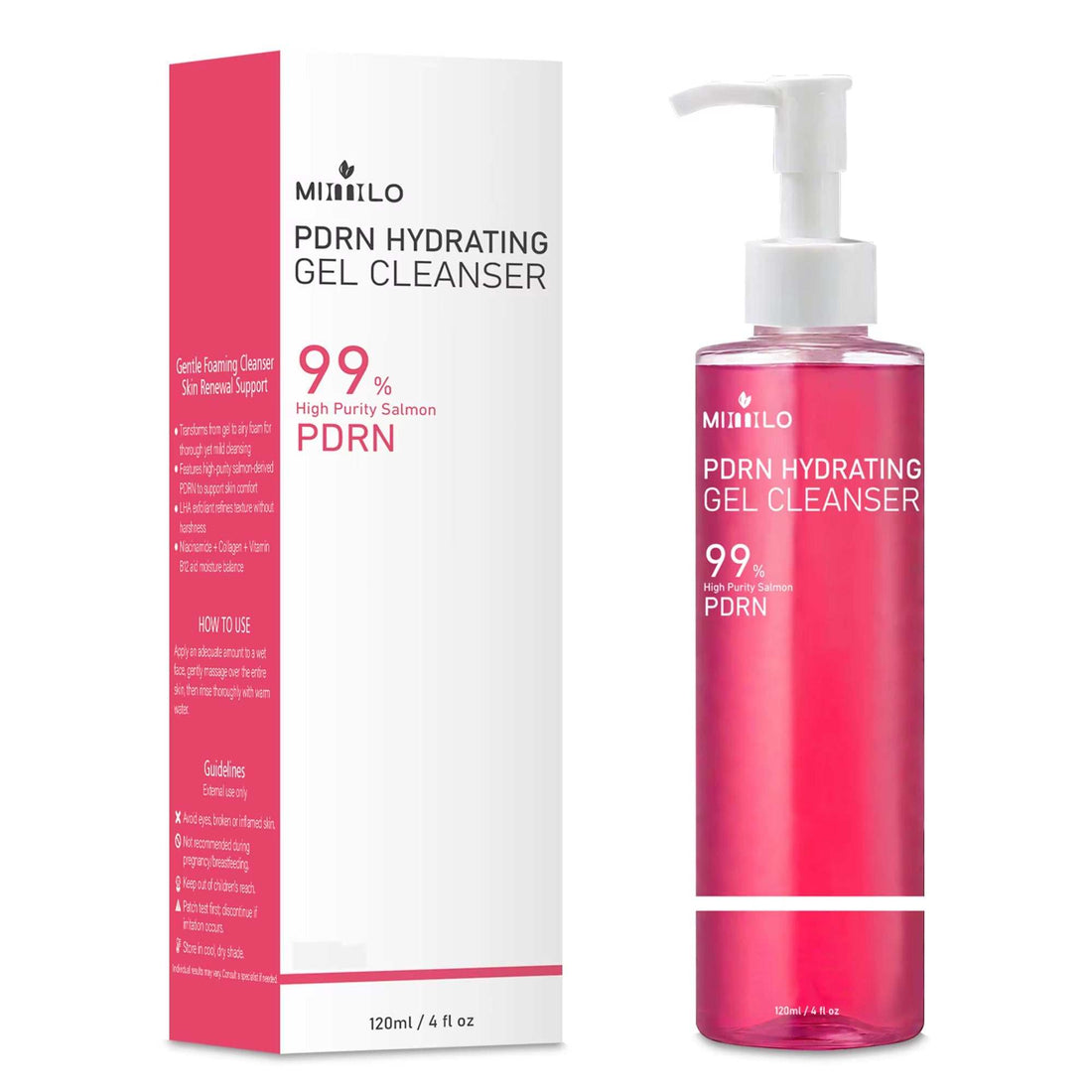 DNA PDRN Salmon Pink Foam Cleansing Gel in a translucent pink pump bottle beside its white and pink carton