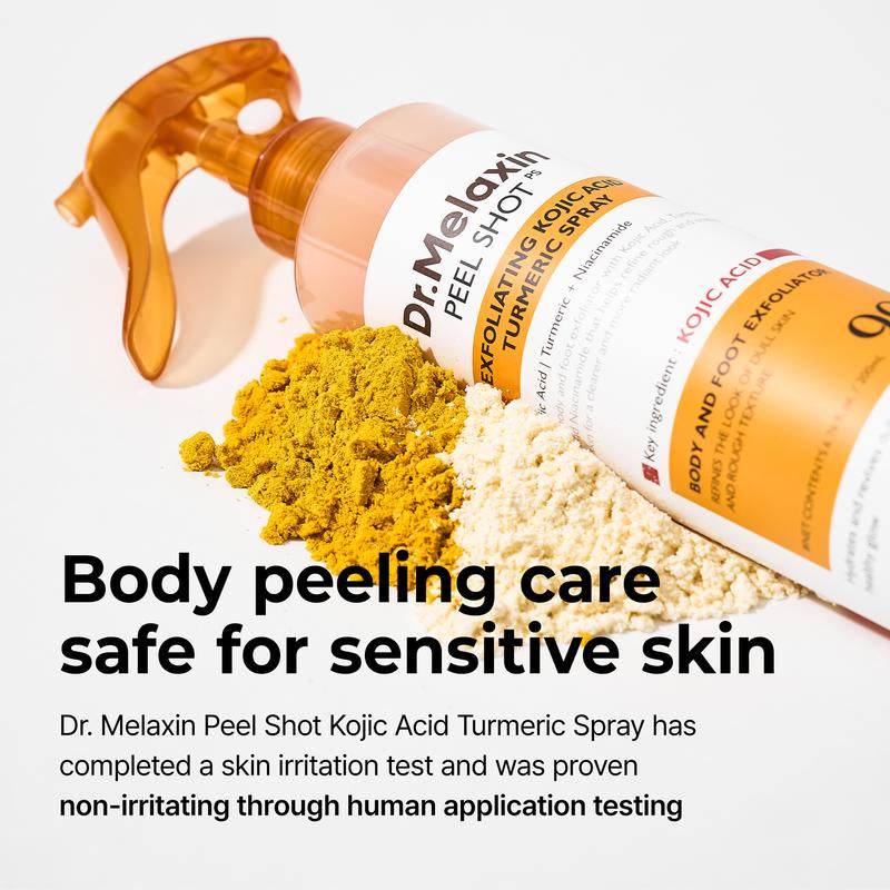 Dr.Melaxin Peel Shot exfoliating spray in an amber trigger bottle with orange-and-white label and yellow powder