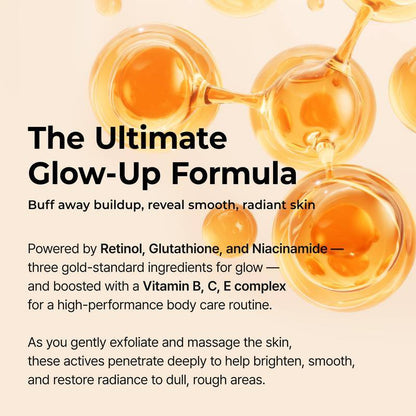 Dr.Melaxin Peel Shot glow-up formula graphic with orange-gold serum droplets and text listing retinol, glutathione, niacinamide and vitamins B, C and E