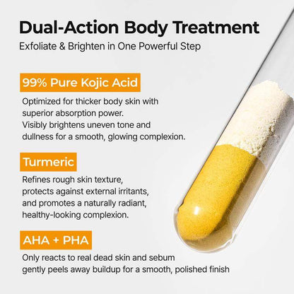 Dr.Melaxin Peel Shot body exfoliant with yellow and cream powder layers in a clear capsule-shaped applicator