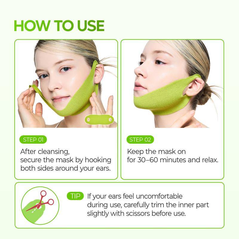 V-lifting facial band in bright lime green fabric, shown hooked around the ears to cover the chin and jawline; Dr.Melaxin&