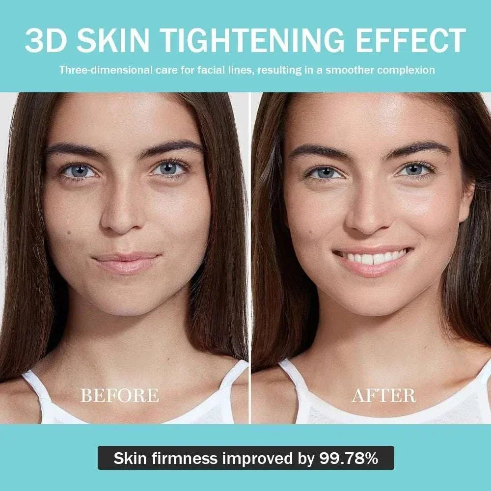 Facial Glow Booster skincare graphic with side-by-side before-and-after portraits and a 3D skin tightening claim