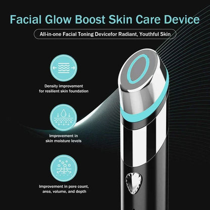 Facial Glow Booster device in silver and black ABS with turquoise accents, oval treatment head and heart-shaped button