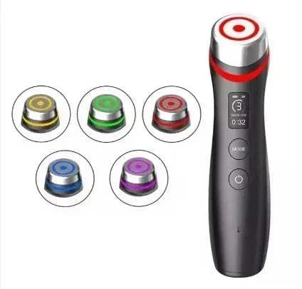 Facial Massager with a black handheld body, silver treatment head, red ring and five colored interchangeable heads