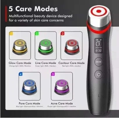 Facial Massager with a black handle, silver metal head, red accent ring, digital display and five colour-coded care modes.