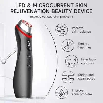 Facial Massager with a black and silver handheld body, red trim, and a rounded metal treatment head