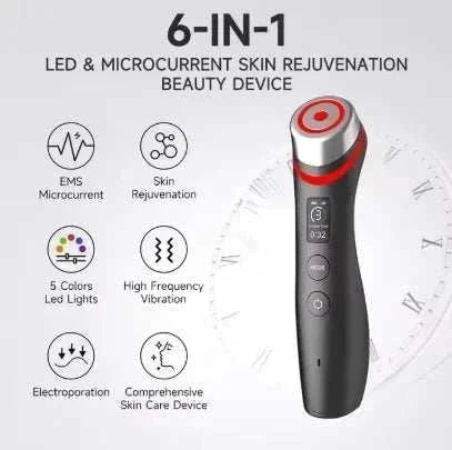Facial Massager in charcoal gray with silver accents, red ring, circular treatment head and digital display