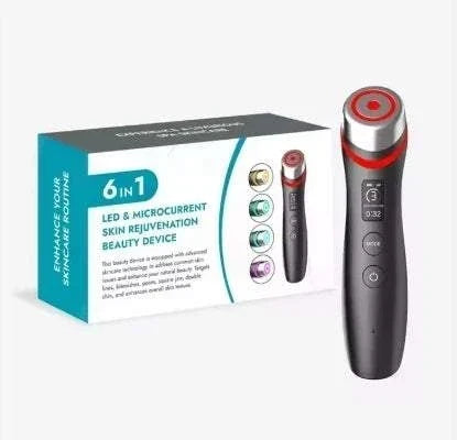 Facial Massager with a dark gray handheld body, silver head, and red ring, shown beside its teal and white 6-in-1 box