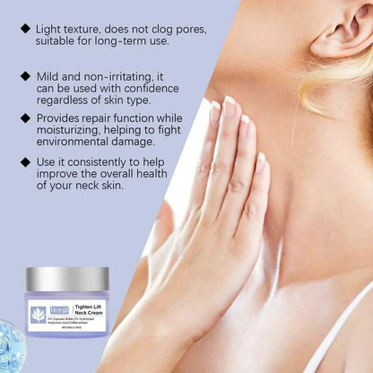 Firming &amp; Lifting Neck Cream in a small lavender jar with a silver lid, shown beside neck care benefits