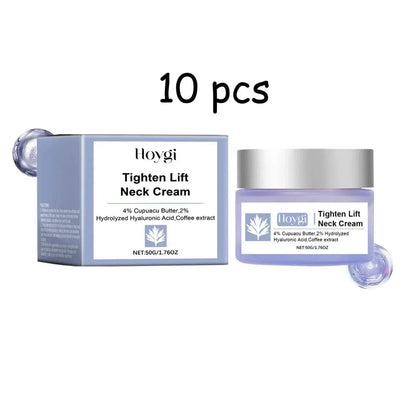 Firming &amp; Lifting Neck Cream in a lavender jar with a silver lid beside a matching box, shown as a 10-piece set