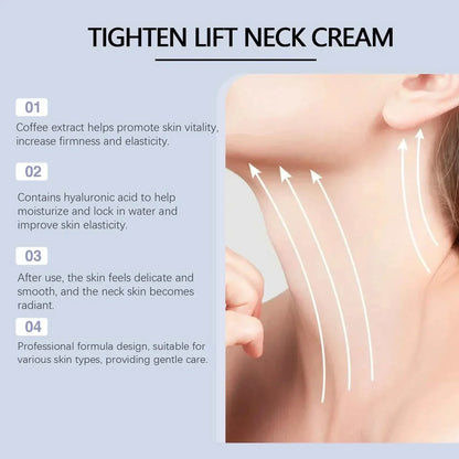 Firming &amp; Lifting Neck Cream promoted for neck care, with upward arrows illustrating a lifting effect on the neck and jawline