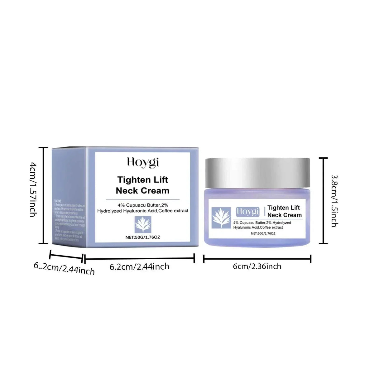 Firming &amp; Lifting Neck Cream in a silver jar with a matching blue-and-white box labeled Tighten Lift Neck Cream
