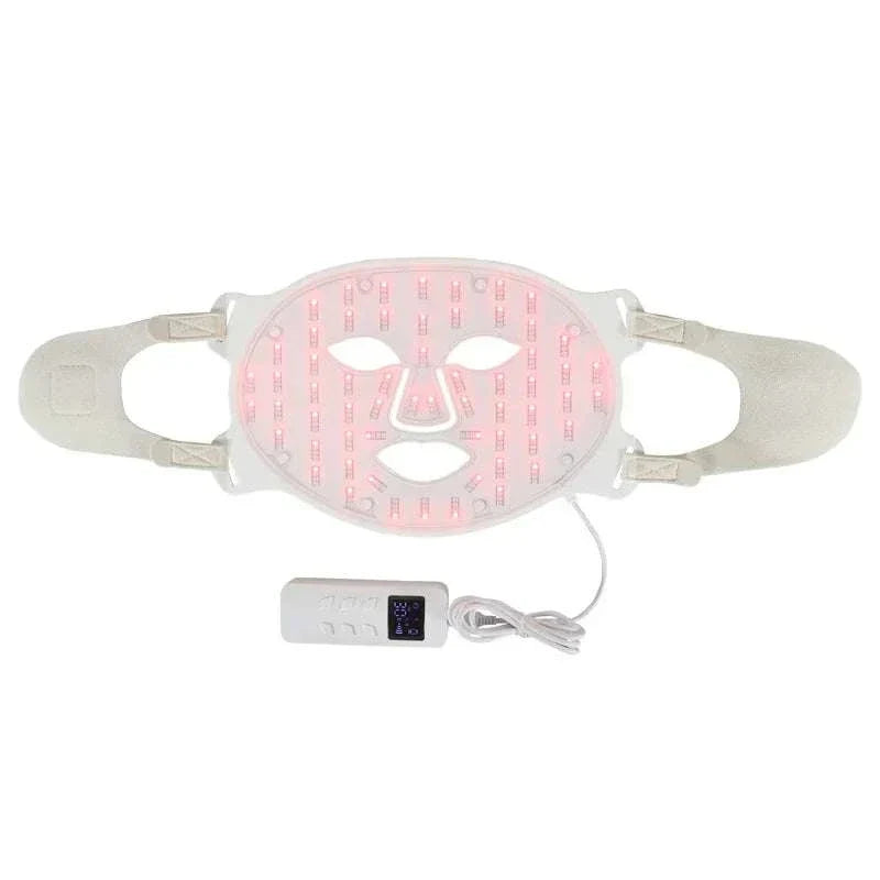 Home Use Therapy Face Device with soft white silicone mask and red LED lights, featuring adjustable straps and remote control