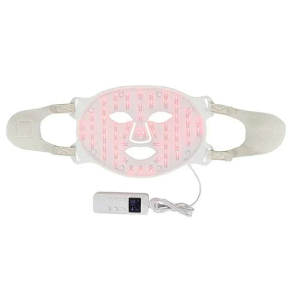 Home Use Therapy Face Device with soft white silicone mask and red LED lights, featuring adjustable straps and remote control