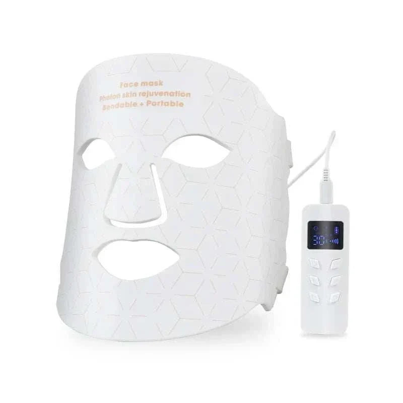 White soft silicone Home Use Therapy Face Device with geometric pattern and connected remote control with digital display and buttons