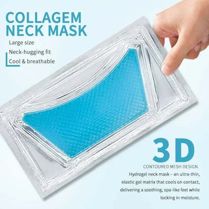 Hydrating Neck Mask with a bright blue contoured mesh center in clear gel, shown as a large neck-hugging design