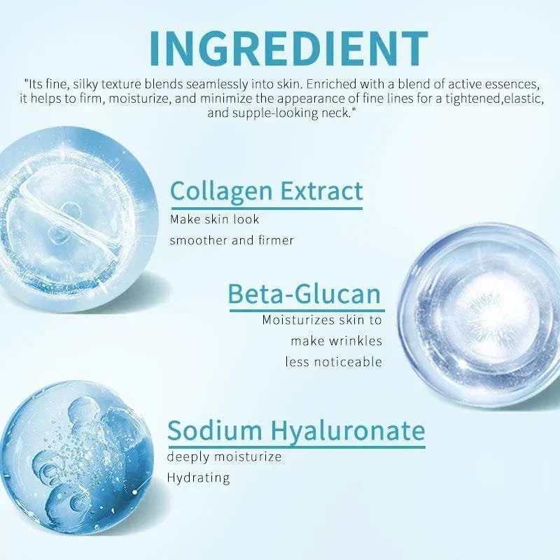 Hydrating Neck Mask ingredient graphic with blue gel-like collagen extract, beta-glucan, and sodium hyaluronate illustrations