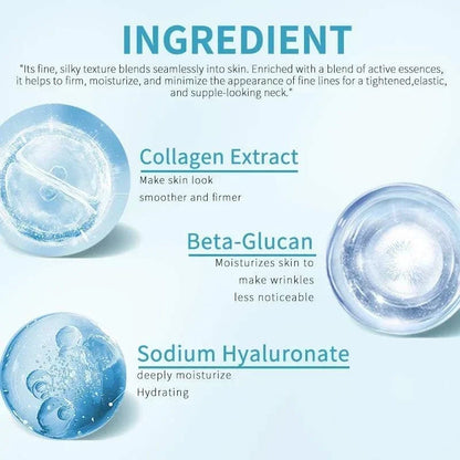 Hydrating Neck Mask ingredient graphic with blue gel-like collagen extract, beta-glucan, and sodium hyaluronate illustrations