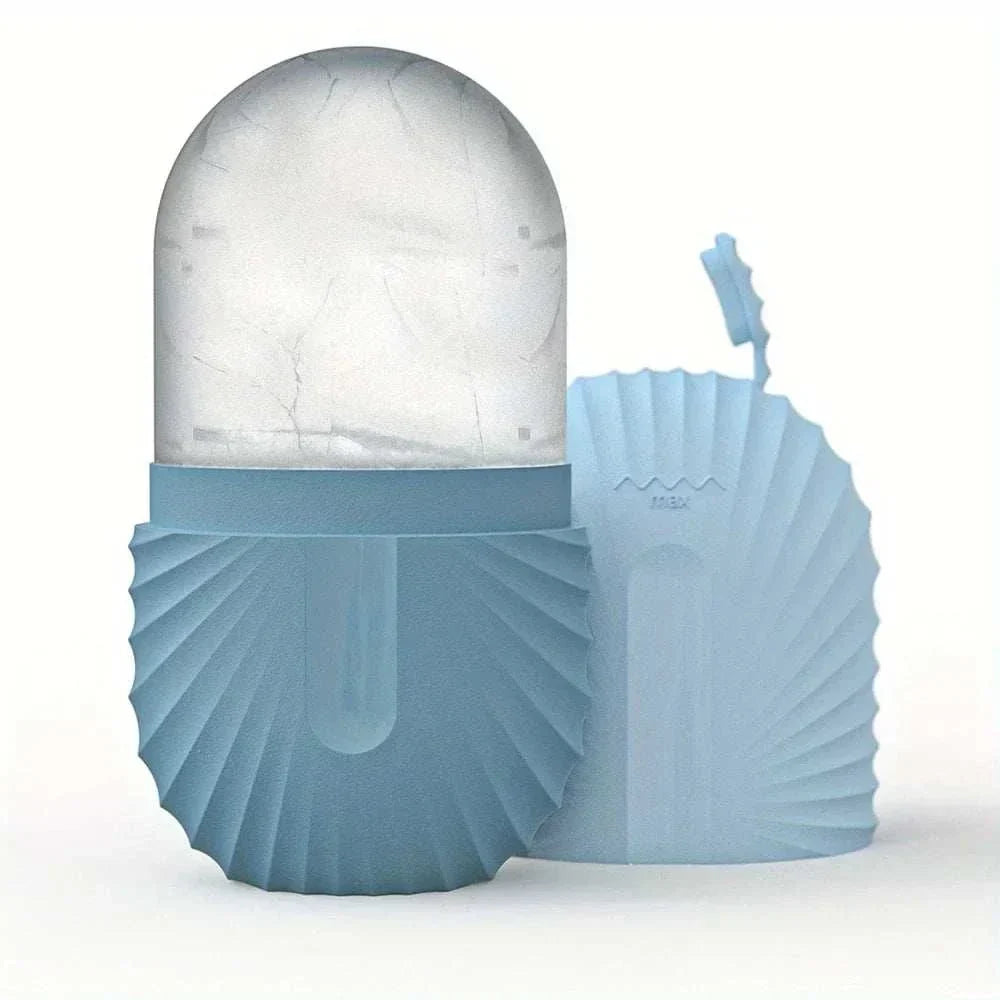 ice facial roller set in pale blue silicone, featuring a domed ice roller and matching textured gua sha tool