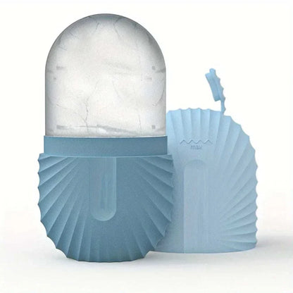 ice facial roller set in pale blue silicone, featuring a domed ice roller and matching textured gua sha tool
