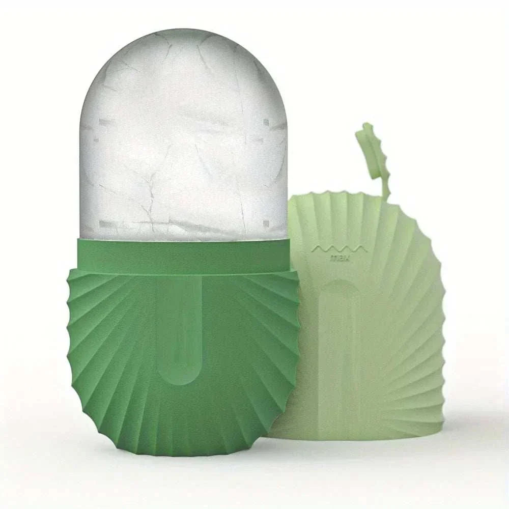 ice facial roller set with green scalloped silicone covers and a frosted ice globe massage head