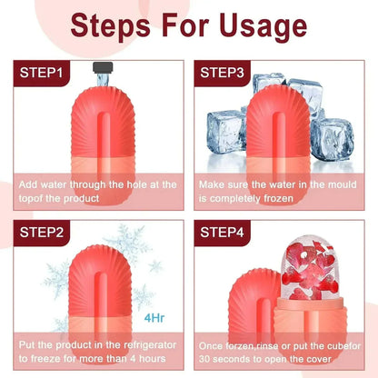 Ice facial roller set with red textured silicone sleeve and clear ice core, shown in four-step freezing instructions
