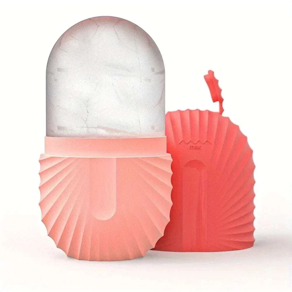 ice facial roller set with pink silicone handles and frosted translucent ice chambers, featuring two reusable cooling rollers