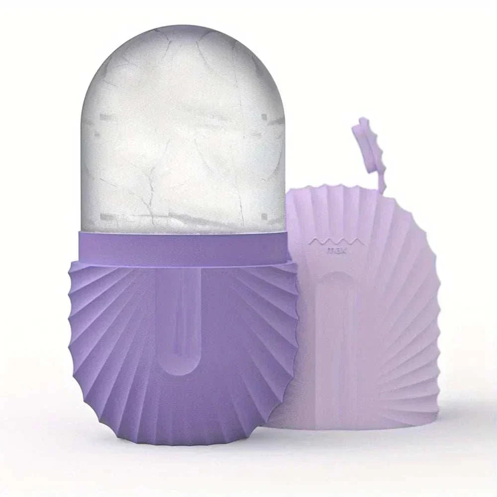 ice facial roller set in lavender plastic with a clear frozen cooling roller and matching ridged protective cover